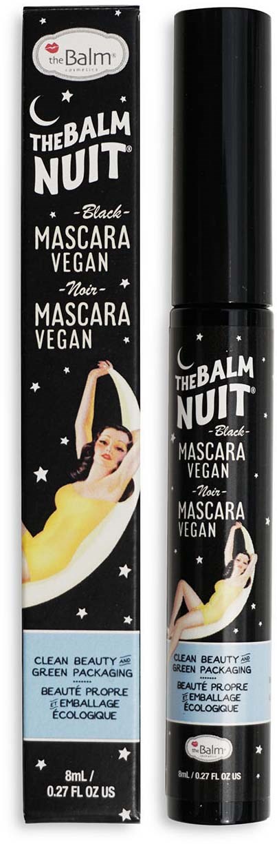 Zwarte mascara-buis met een vrouw die op een maan ligt, logo en tekst over vegan en milieuvriendelijke mascara.