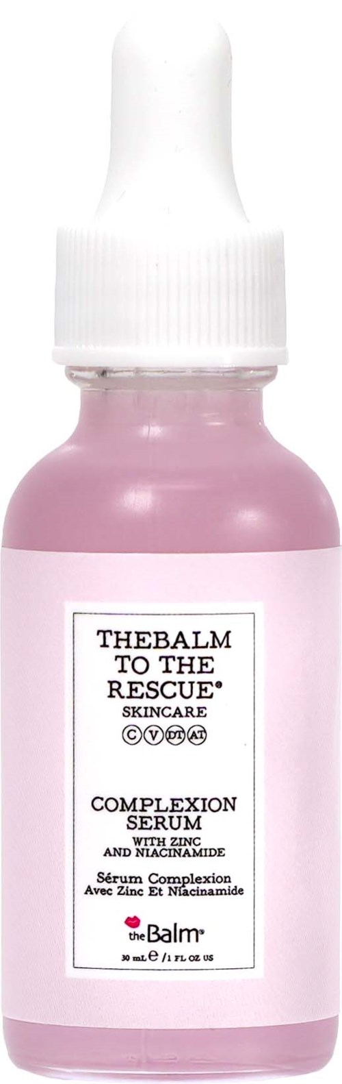 Roze huidverzorgingsserumfles met witte pipetdop, labeled 'Complexion Serum with Zinc and Niacinamide'.