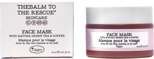 Een roze gezichtsmaske pot en doos met tekst over huidverzorging en matcha groene thee, koffie en rustgevende ingrediënten.