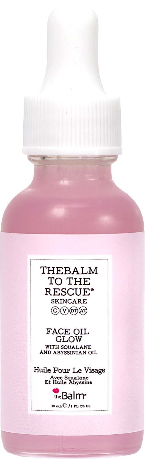 Roze gezichtsolie fles met witte druppeldop, gelabeld 'TheBalm to the Rescue' voor gezichtsgloed.
