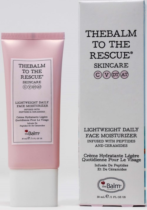 Roze fles en doos met label 'The Balm to the Rescue' gezichtsmoisturizer met peptiden en ceramiden.