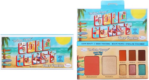 Colorful face palette with beach and sunset background, containing multiple eyeshadow and blush shades.