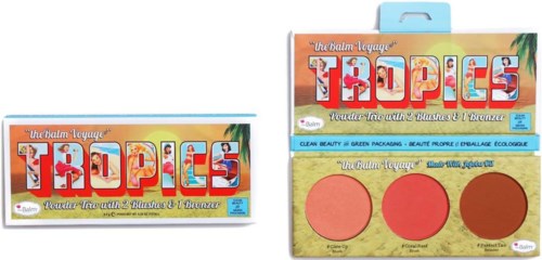 Verpakking voor een blush-trio genaamd 'Tropics' met drie tinten in oranje en roze. De doos is kleurrijk en tropisch.