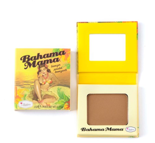 A compact with a beach-themed design and a mirror, and a small box with a woman in a bikini, tropical background.