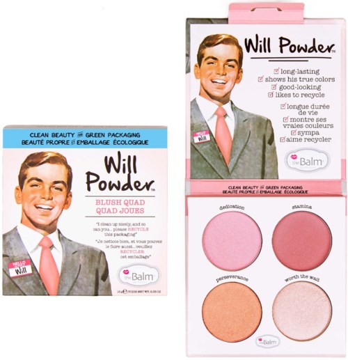 Een make-up palette met vier verschillende blush-kleuren en een grote vintage-stijl afbeelding van een man.