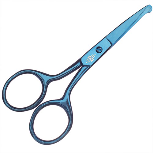 A blue pair of scissors with a small screw and pointed blades. The scissors are open.