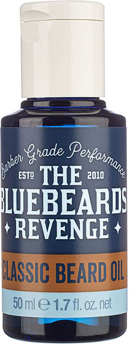 A small dark blue bottle of beard oil with white and orange text, and a white cap.