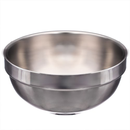 Two shiny metal mixing bowls stacked inside each other.