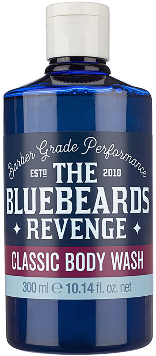 Eine blaue Flasche mit Duschgel 'The Bluebeards Revenge, Classic Body Wash, 300ml, 10,14 fl oz.' mit weißen und rosa Akzenten.