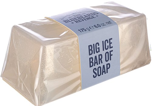 A soap bar wrapped in plastic, labeled as "Big Ice Bar of Soap," with a blue and white label.