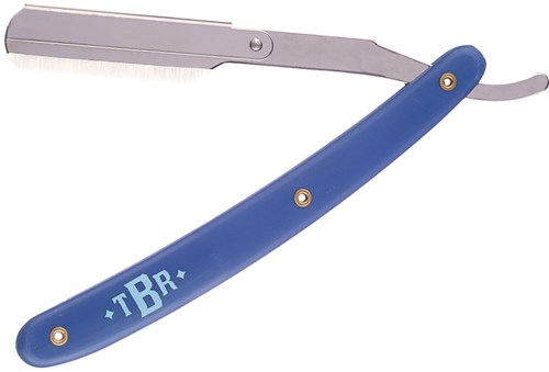 A straight razor with a blue handle and the letters "TBR" on it, partly open showing the blade.