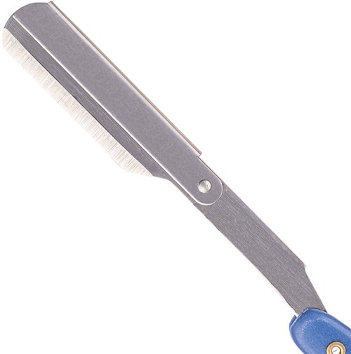 A metal file with a blue handle, used for smoothing or shaping materials like wood or metal.