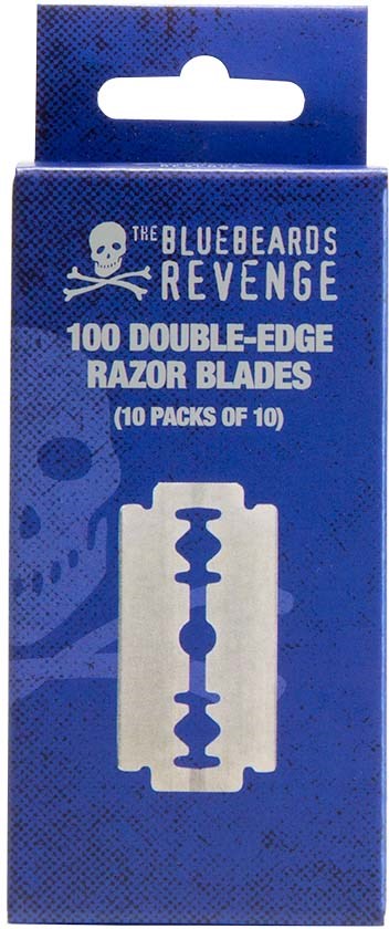 Blue packaging with skull and crossbones logo, contains 100 double-edge razor blades, divided into ten packs.