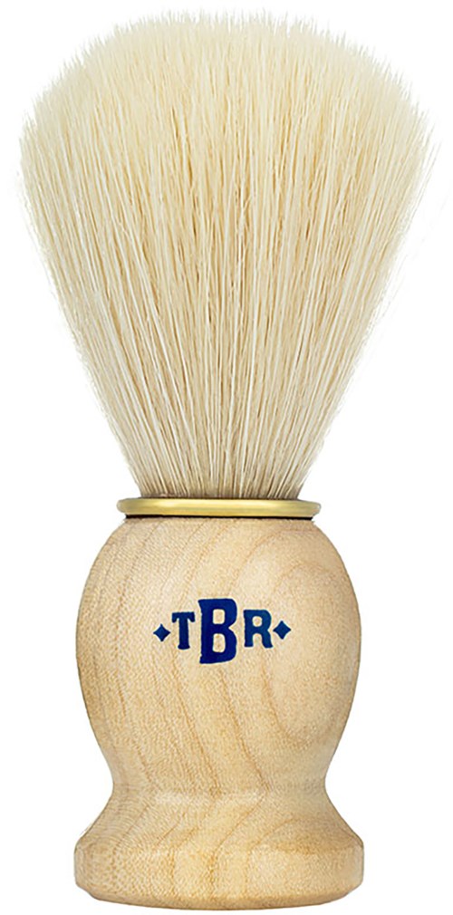 A shaving brush with cream-colored bristles and a wooden handle featuring a blue logo.