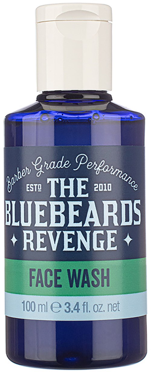 Blue bottle with a white flip cap, labeled 'The Bluebeards Revenge Face Wash', 100 ml size.
