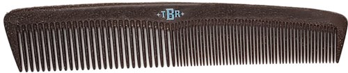 A black hair comb with a blue logo, featuring closely spaced teeth, curved shape, and small hole in the middle.