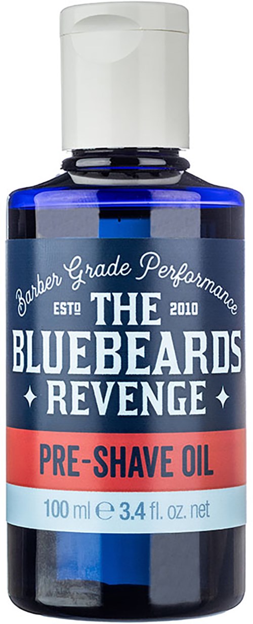 Blue bottle of pre-shave oil labeled 'The Bluebeards Revenge' with white cap.