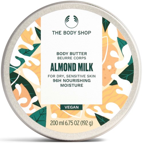 Round container of almond milk body butter with colorful leaf design, vegan label, and details about nourishing moisture.