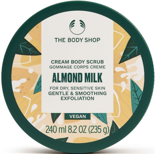 Kermainen mantelimaitokuorinta kuivalle, herkästi reagoivalle iholle. Lempeä ja silottava, vegaaninen, 240 ml, The Body Shopilta.