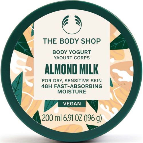 The product is almond milk body yogurt, vegan, for dry skin, fast absorbing, from The Body Shop. 200 ml.
