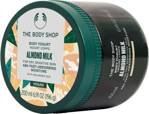 A jar of almond milk body yogurt from The Body Shop, suitable for sensitive skin, vegan, big size, with natural ingredients.