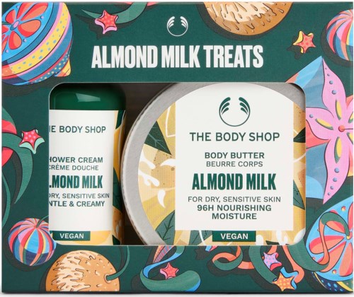 Almond milk -sarja sisältää suihkuvoidetta ja vartalovoiteen, koristeena värikkäitä kukka- ja tähden kuvioita.