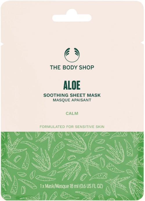 Verpackung einer beruhigenden Gesichtsmakse mit dem Titel 'Aloe' von The Body Shop, mit grünem Aloe-Design am unteren Rand.