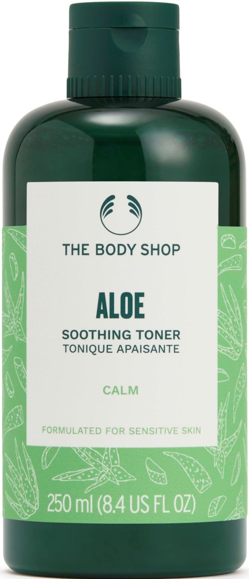 Green bottle of aloe soothing toner with white label and green cap. Features botanical illustrations and mentions sensitive skin.