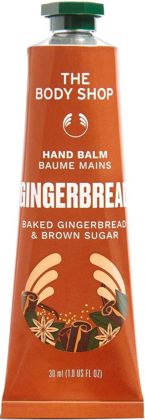 Käsivoideputeli, jossa gingerbread-teema, merkki The Body Shop Gingerbread Hand Balm, 30 ml.