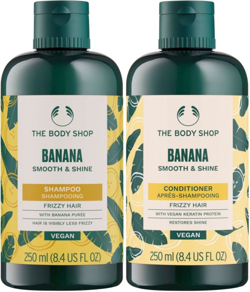 Zwei Flaschen Bananen-Shampoo und Conditioner für lockiges Haar, vegan und je 250 ml.