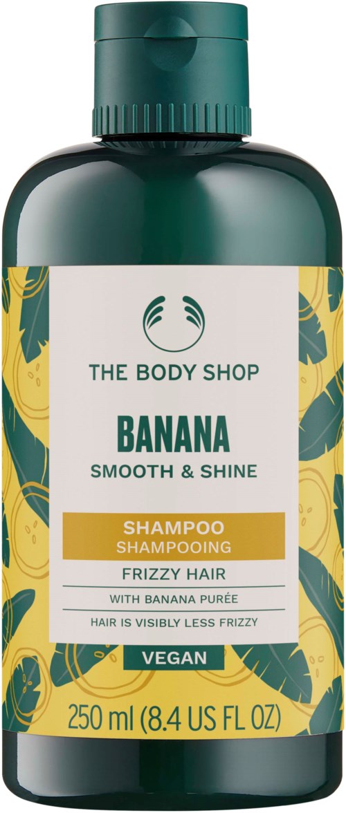 Banan sjampo for krøllete hår, vegansk, 250 ml flaske med grønt lokk og gulgrønn etikett.
