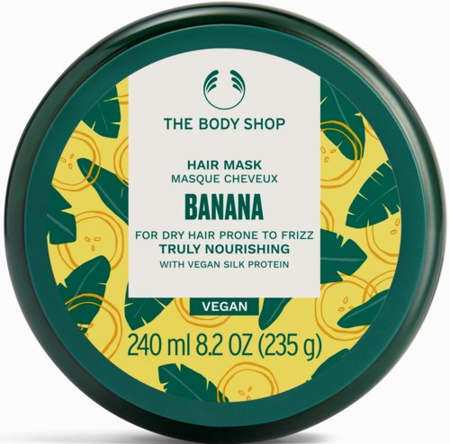 Runde Verpackungsaufkleber für eine Bananen-Haarmaske von The Body Shop mit grünen, gelben und weißen Farben und Pflanzenbilder.