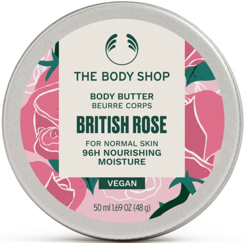 Round container with pink floral design, labeled as body butter called British Rose, vegan and moisturizing.