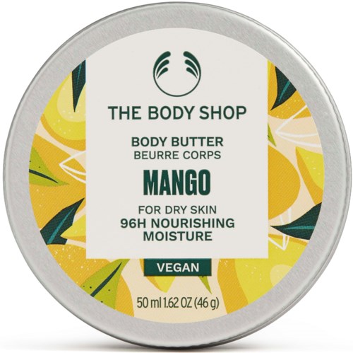 Eine runde Dose mit Etikett für Mango-Dufter Körperbutter, vegan, nährend, für trockene Haut, 50 ml.