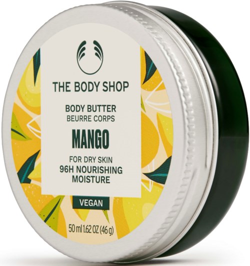 Ein runder Behälter mit Mangoduft Body Butter von The Body Shop, vegan, für trockene Haut, 50 ml.
