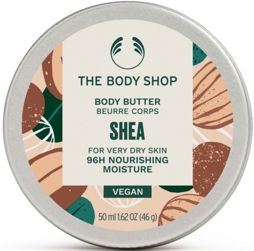 Een ronde containerdeksel met etiket voor sheaboter lichaamsboter, veganistisch, 50 ml, voor zeer droge huid, voedende vochtinbrengende crème.