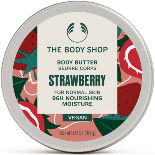 Round container with strawberries, green leaves, and pink design, labeled as strawberry body butter for nourishing skin.