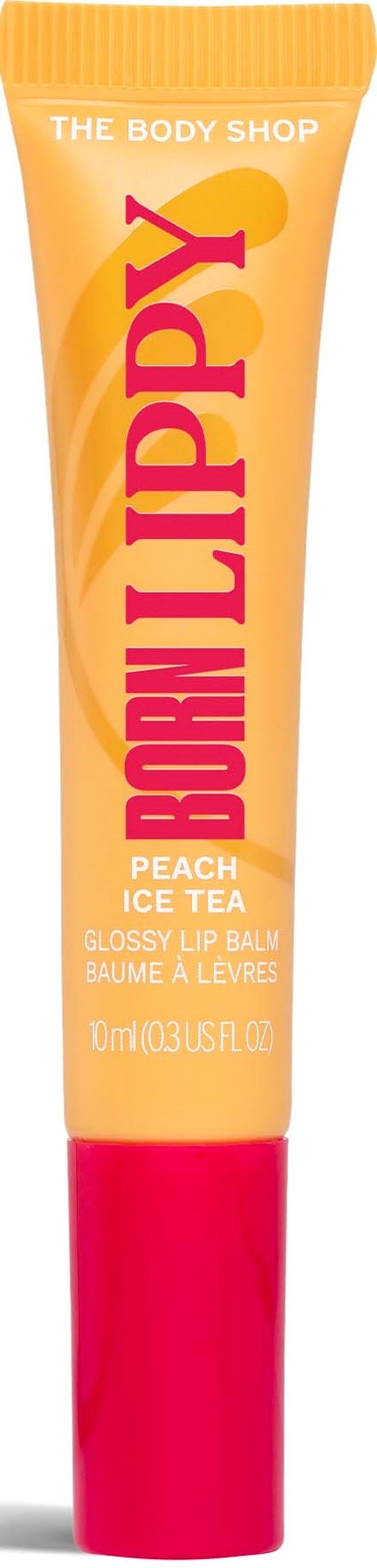 Läppbalsamrör i persikofärg från The Body Shop med rosa lock, märkt Born Lippy Peach Ice.