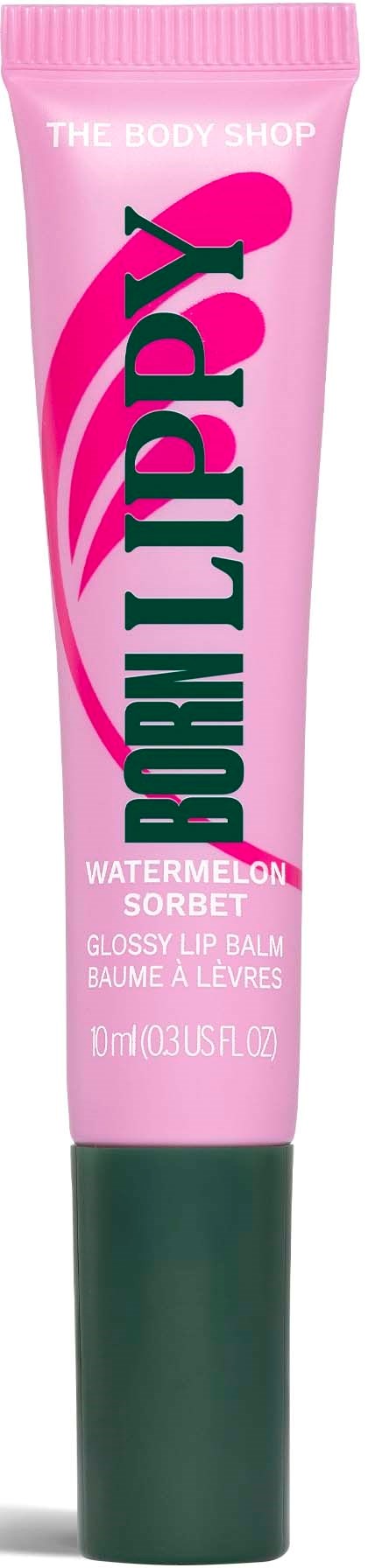 Rosa tub med grön kork, märkt Born Lippy Watermelon Sorbet gloss för läppar.