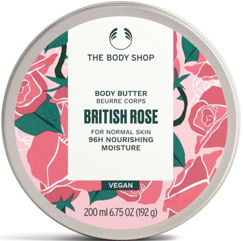 A round container of body butter with pink roses on the label, vegan, for normal skin, nourishing moisturizer.