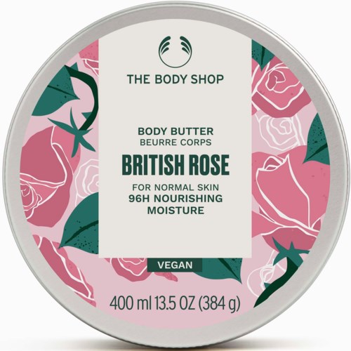 A cosmetic container with pink roses and green leaves, labeled as vegan British Rose body butter, 400 ml size.