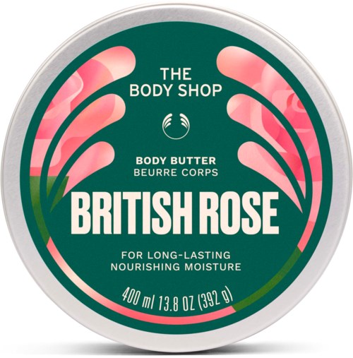 The Body Shop British Rose kroppssmør beholder med rosa roser og grønn bakgrunn.