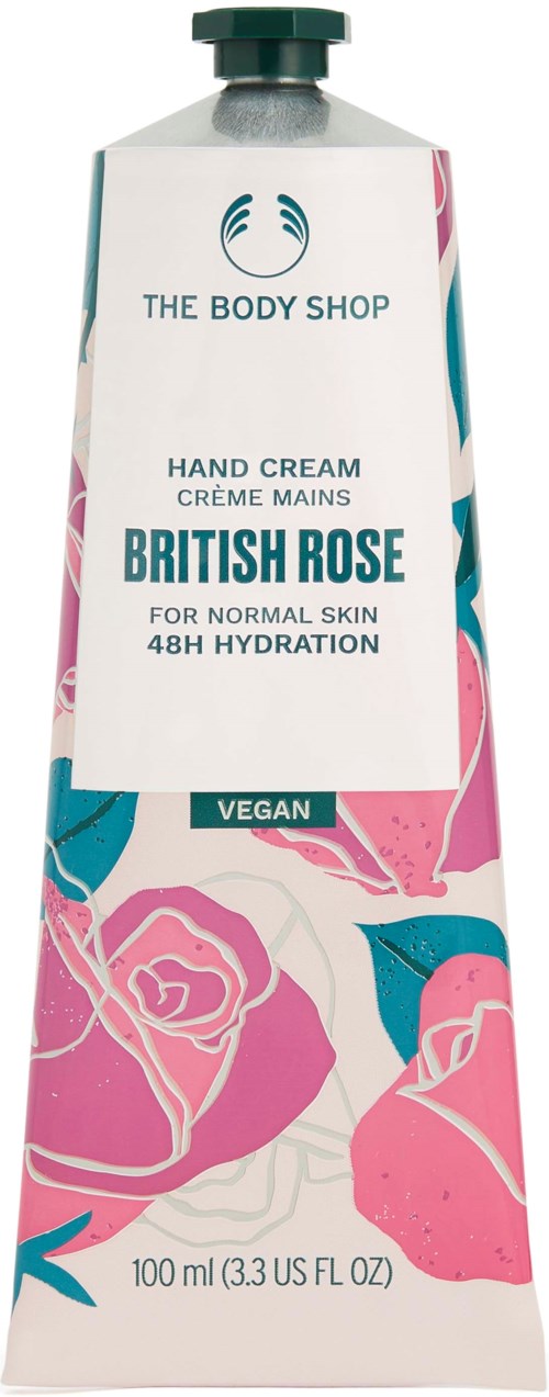 The Body Shopin käsivoideputeli, 'British Rose' merkki, vegaani, 100 ml, normaalille iholle, 48 tunnin kosteutus.