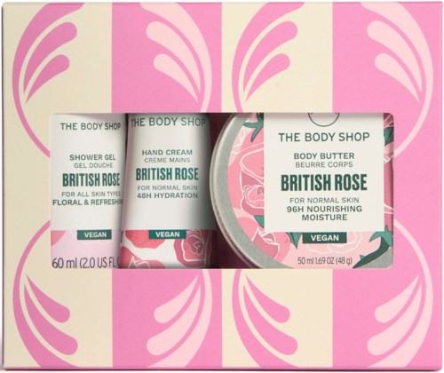 Geschenkset mit pinker Verpackung, enthält Duschgel, Handcreme und Bodybutter mit britischem Rosenduft.