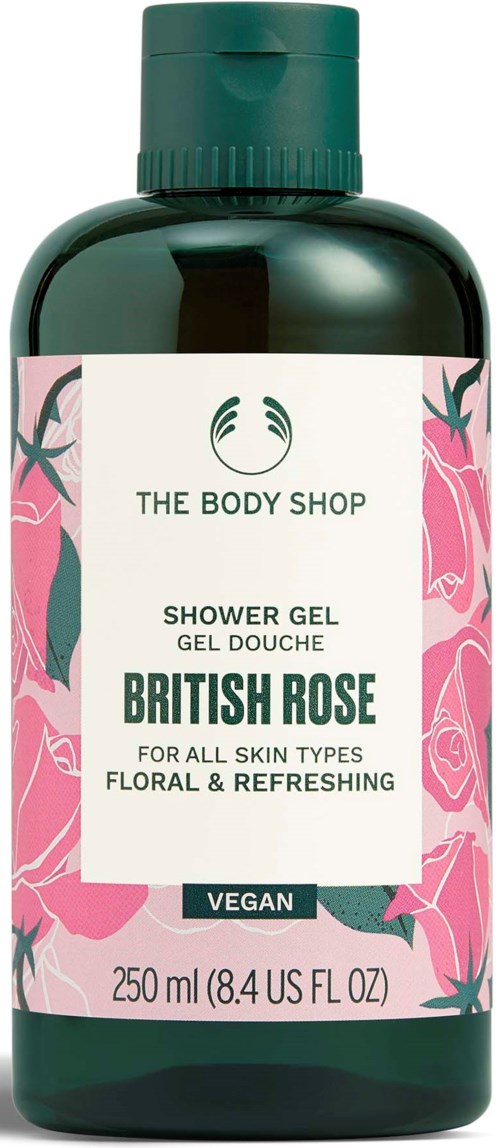 Grüne Duschgel-Flasche von The Body Shop mit pinkem Blumenmuster, British Rose, vegan, 250 ml.