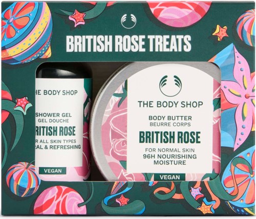 British Rose Treats -sarja, sisältää suihkugeelin ja vartalorasvan, kukka- ja värikkäällä pakkauksella.