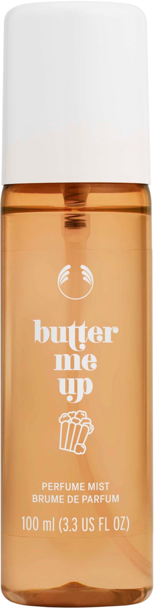 Eine kleine Flasche mit weißem Deckel, gefüllt mit orangefarbenem Parfümspray, gekennzeichnet "butter me up" und ein Cupcake-Symbol.