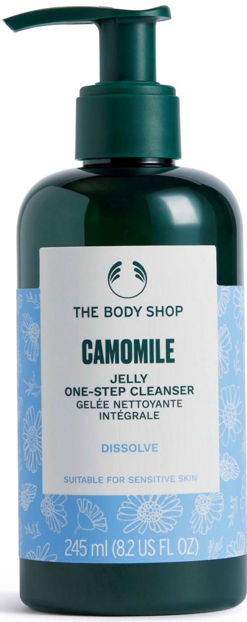 Vihreä pullo The Body Shop Camomile Jelly Cleanser -puhdistusaineelle, herkkä iho, 245 ml.