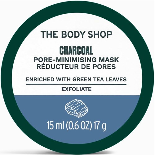 Label for a face mask with charcoal, green tea leaves, and pore-minimising ingredients, 15ml size, from The Body Shop.