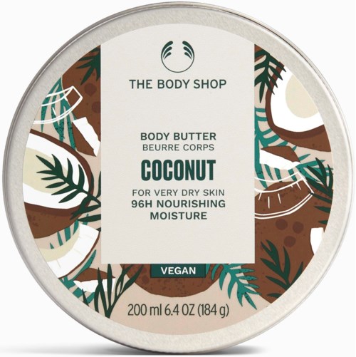 Runde Dose mit tropischen Blättern, als Kokos-Body-Butter, vegan, 200ml, für trockene Haut.